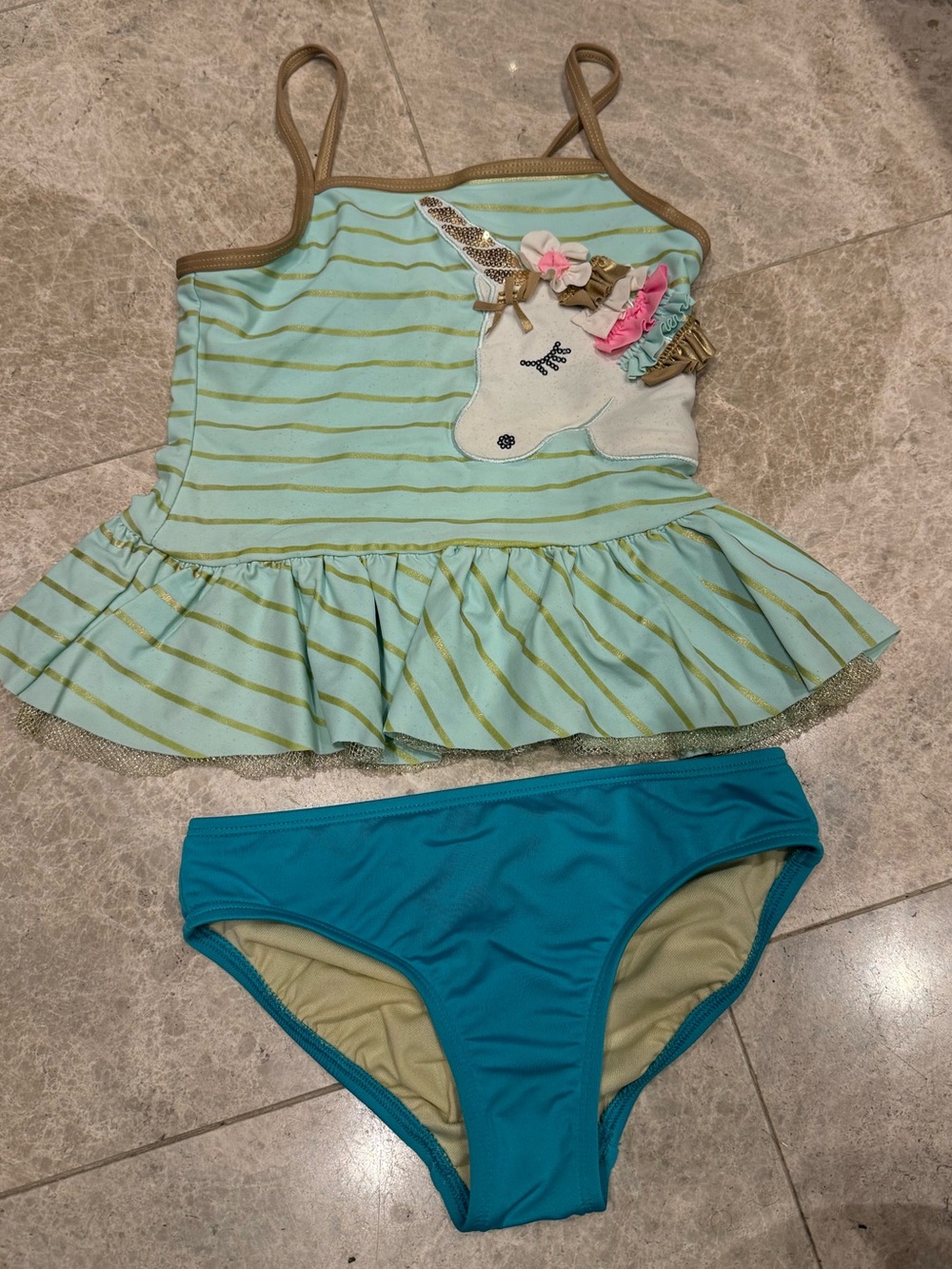 Girls Mint & Teal Unicorn Tankini Set with Land’s End bottoms